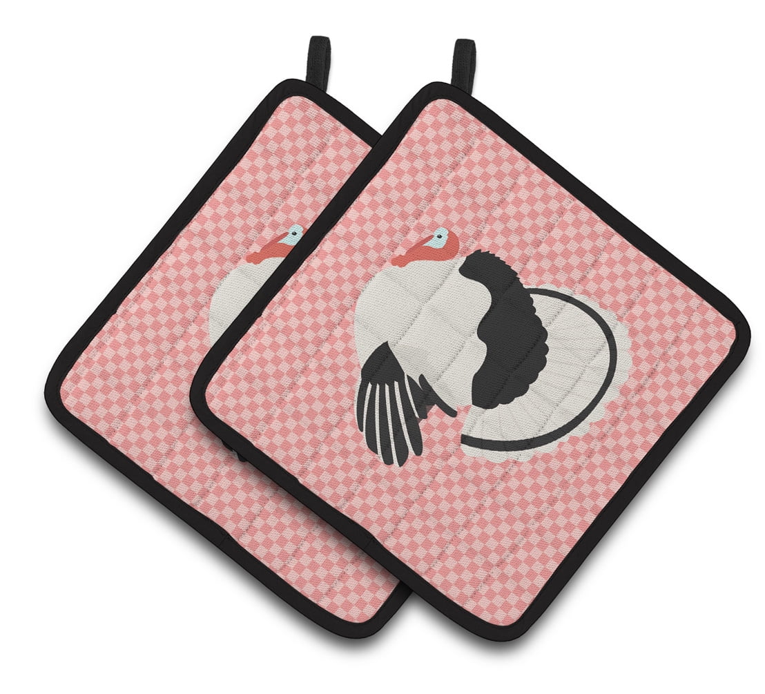Caroline's Treasures Royal Palm Turkey Pink Check Pair of Pot Holders