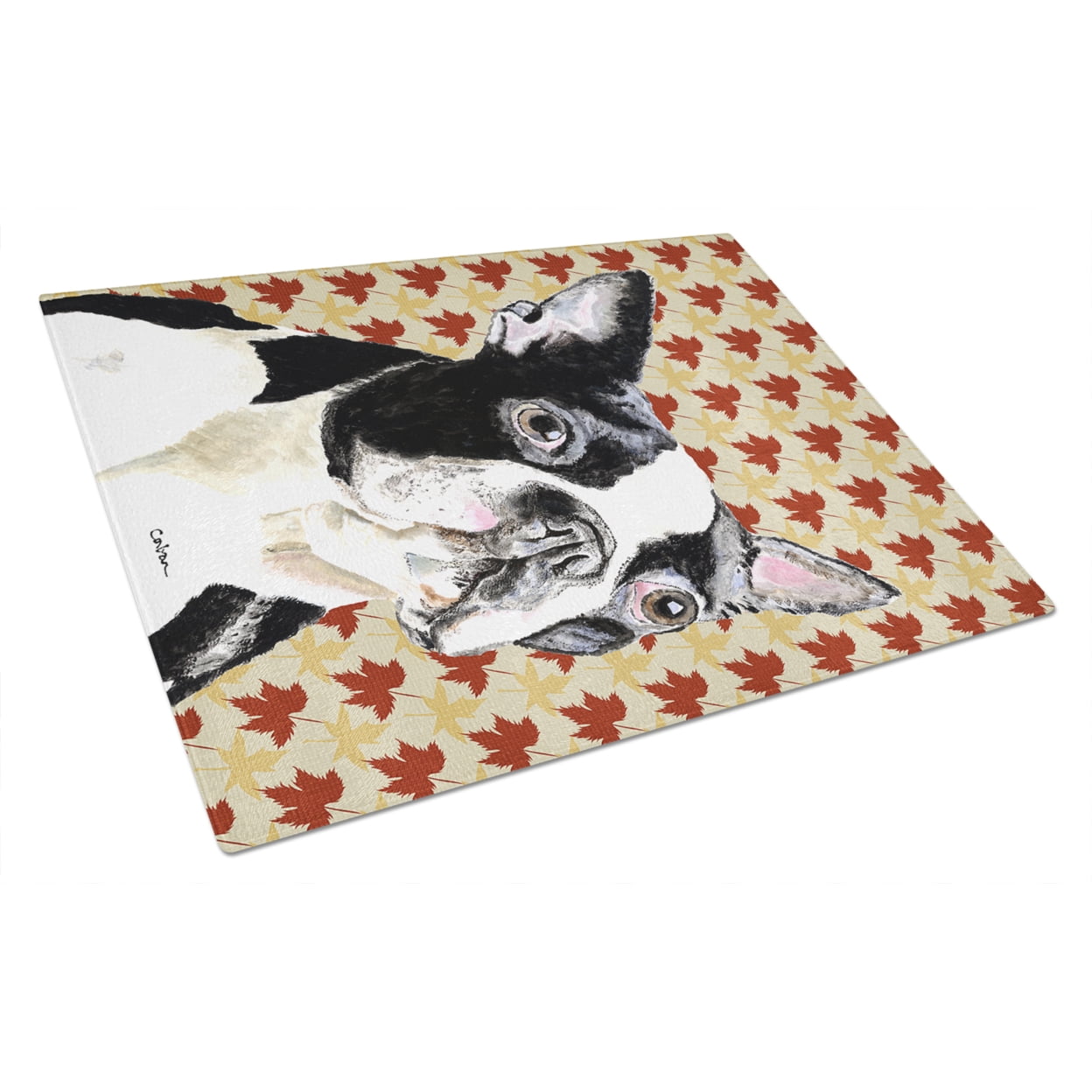 Caroline's Treasures SC9200LCB Boston Terrier Fall Leaves Portrait Glass Cutting Board Large, 12H x 16W, multicolor