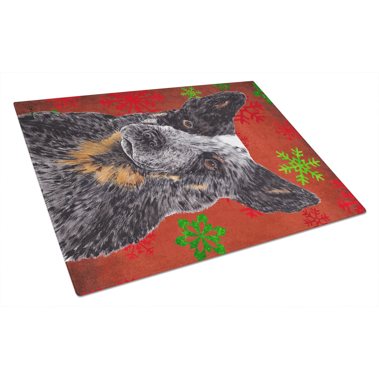 Caroline's Treasures SC9436LCB Australian Cattle Dog Red Green Snowflakes Christmas Glass Cutting Board Large, 12H x