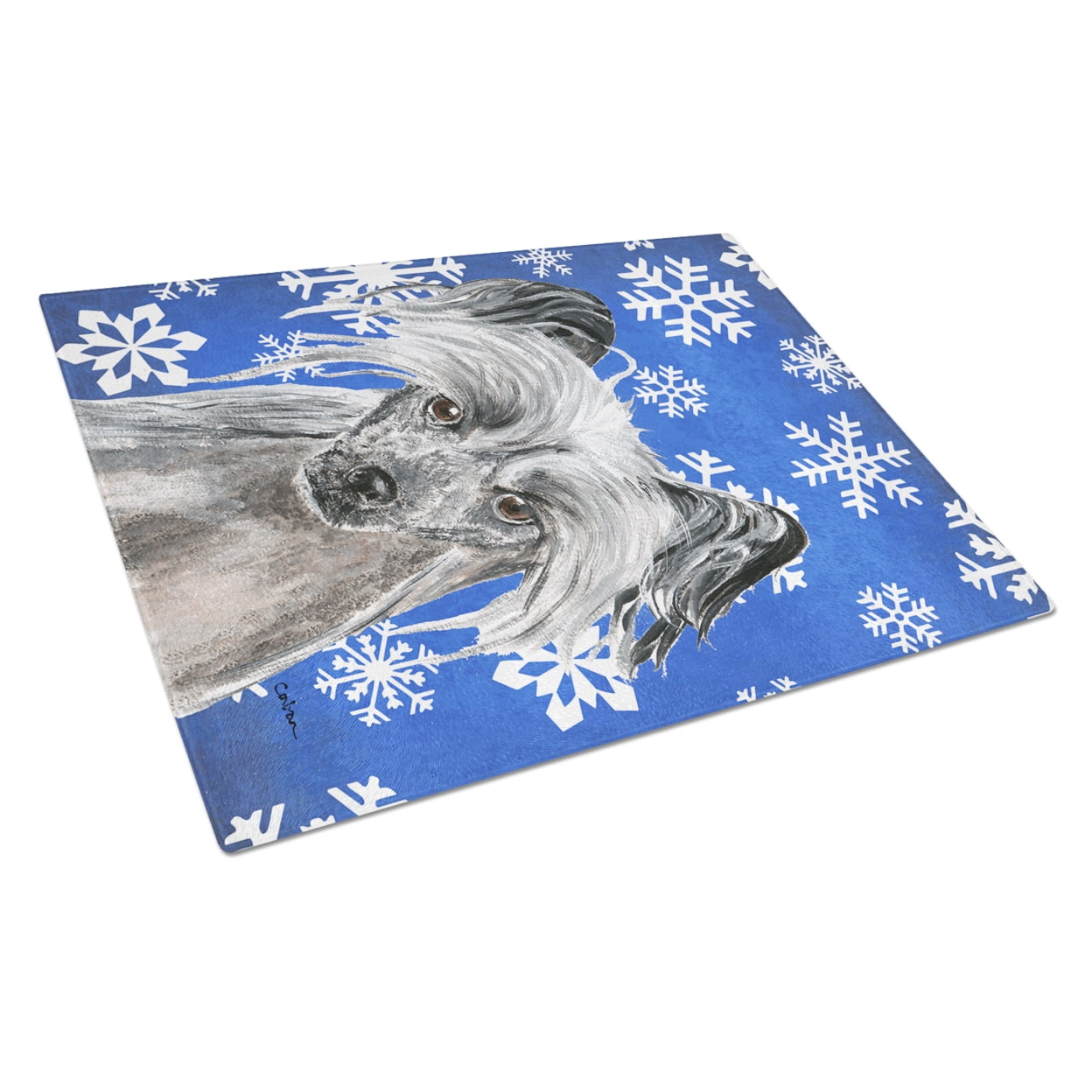 Caroline's Treasures SC9606LCB Chinese Crested Winter Snowflakes Glass Cutting Board Large, 12H x 16W, multicolor