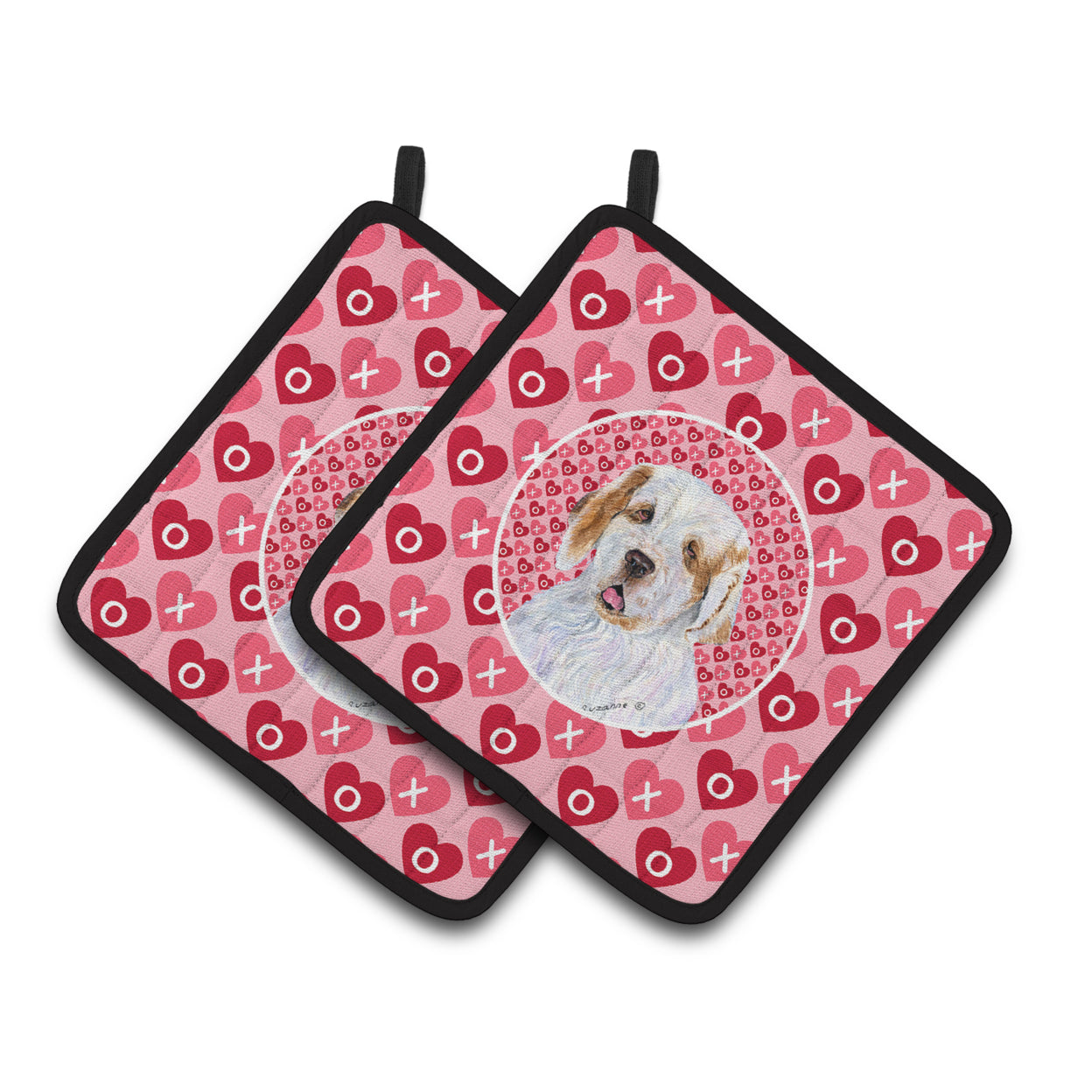 Caroline's Treasures SS4500PTHD Clumber Spaniel Hearts Love and Valentine's Day Portrait Pair of Pot Holders, 7.5HX7.5W,