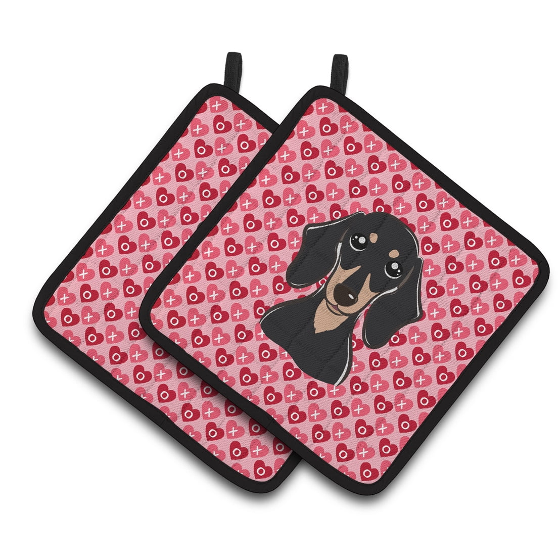 Smooth Black and Tan Dachshund Hearts Pair of Pot Holders