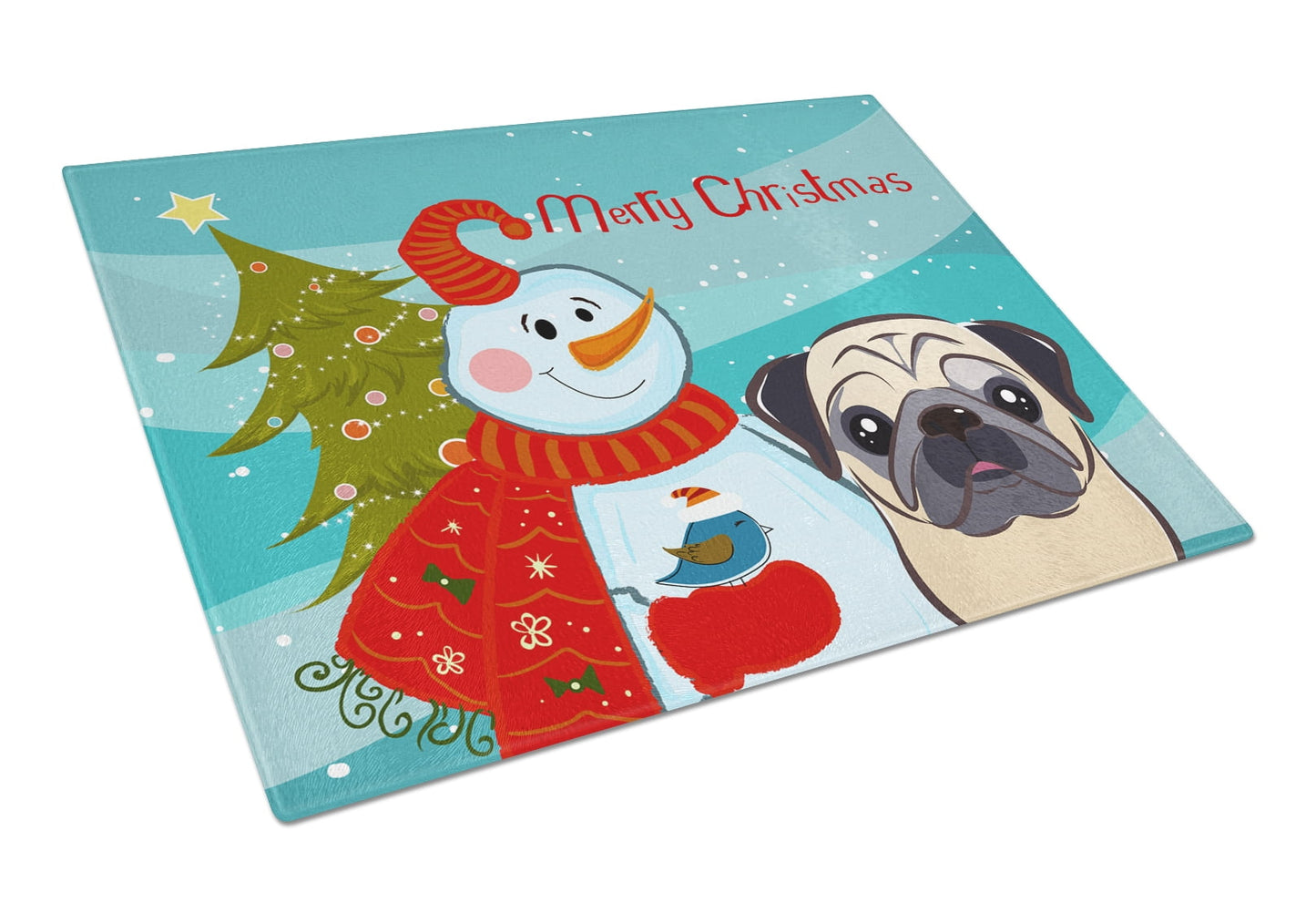 Caroline's Treasures Snowman with Fawn Pug Glass Cutting Board Large