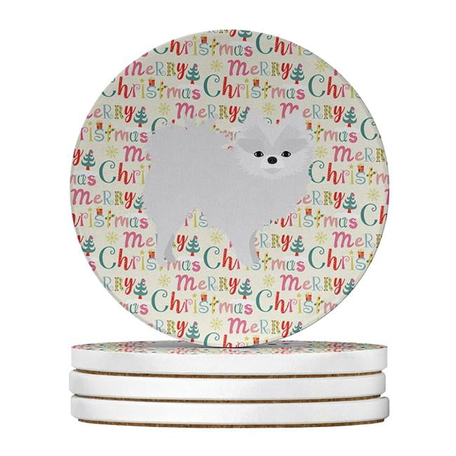 White Pomeranian Merry Christmas Large Sandstone Coasters Pack of 4 4 in x 4 in