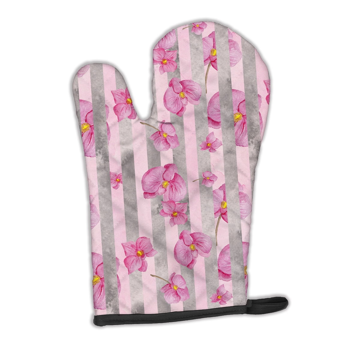 Watercolor Pink Flowers Grey Stripes Oven Mitt
