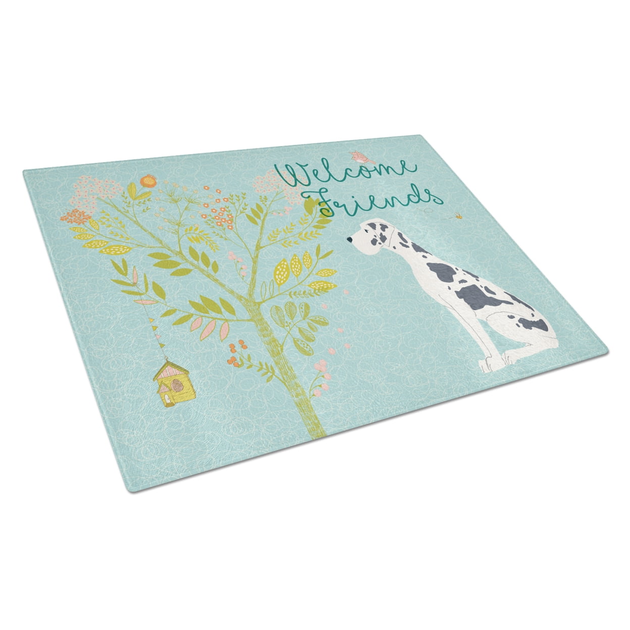 Caroline's Treasures Welcome Friends Harlequin Great Dane Glass Cutting Board Large