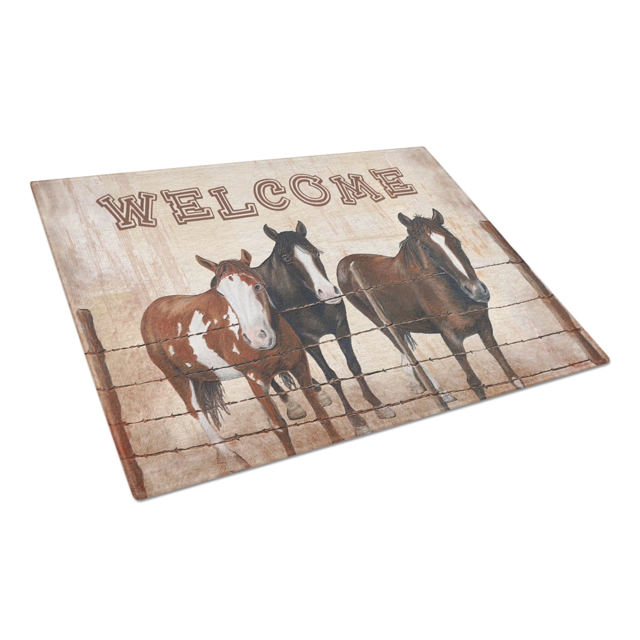 Caroline's Treasures Welcome Mat with Horses Glass Cutting Board Large Size