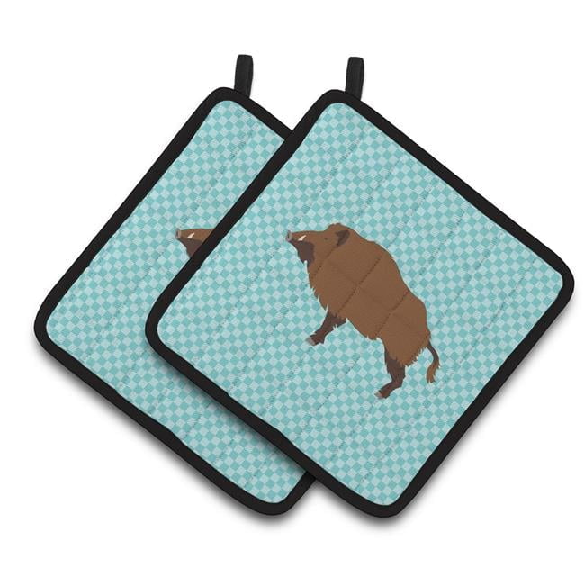 Caroline's Treasures Wild Boar Pig Blue Check Pair of Pot Holders