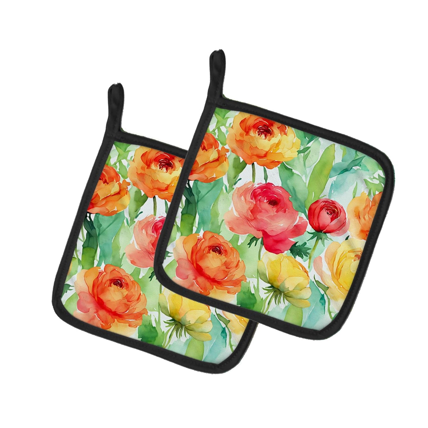 Carolines Treasures 7.5 x 7.5 in. Ranunculus in Watercolor Pot Holders - Set of 2