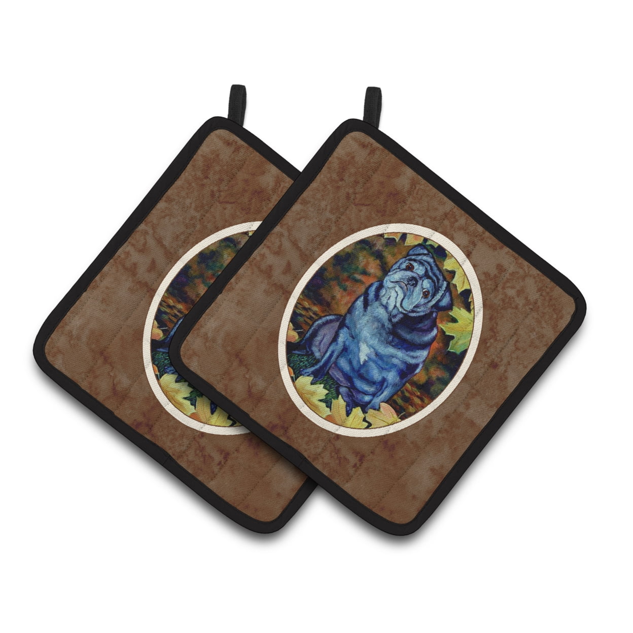 Carolines Treasures 7159PTHD Old Black Pug in Fall Leaves Pair of Pot Holders , 7.5HX7.5W, multicolor
