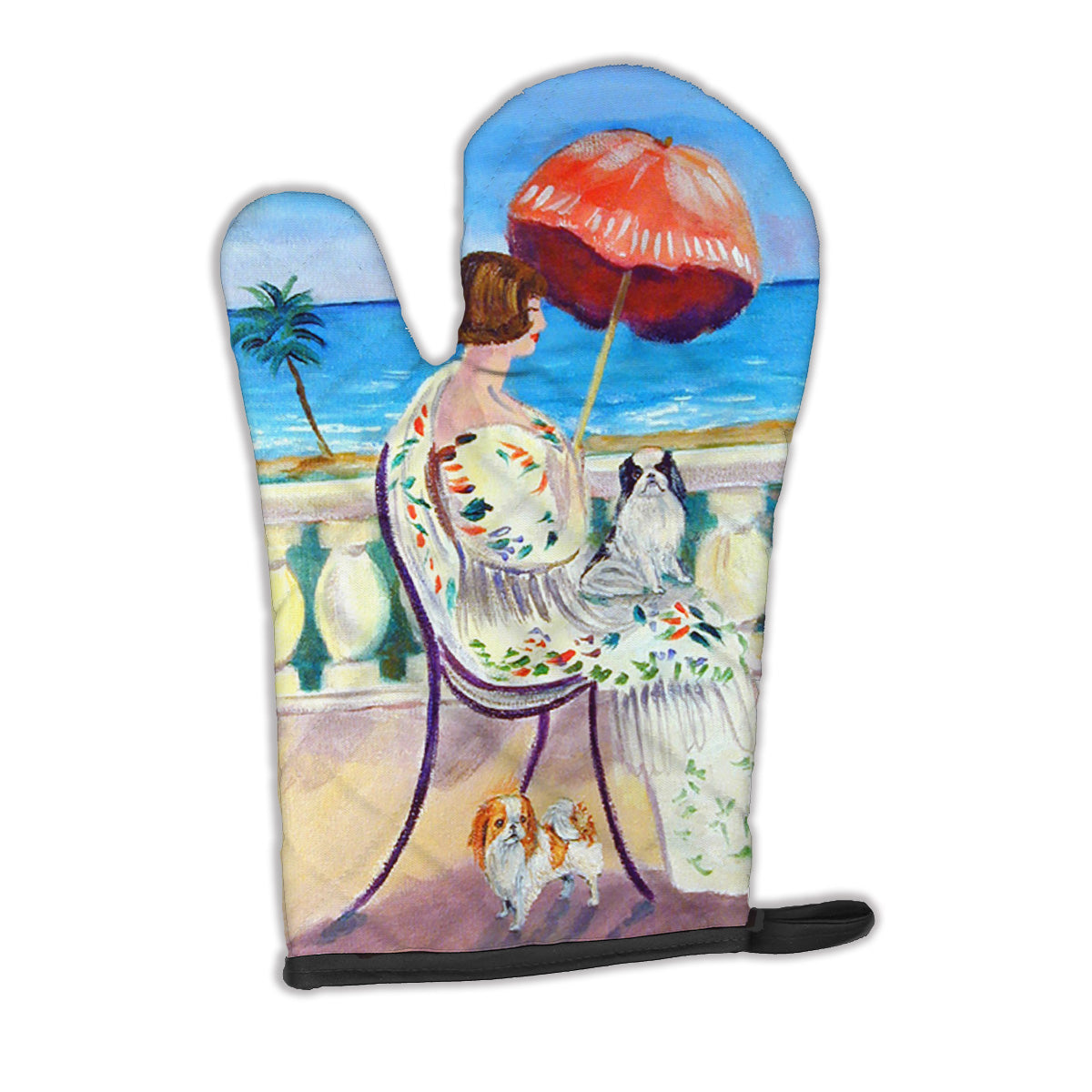 Lady with her Japanese Chin Oven Mitt