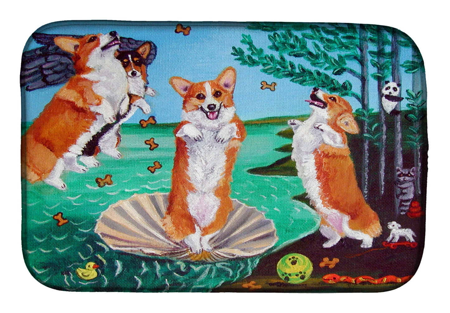 Corgi Log Reindeer Race Christmas Dish Drying Mat