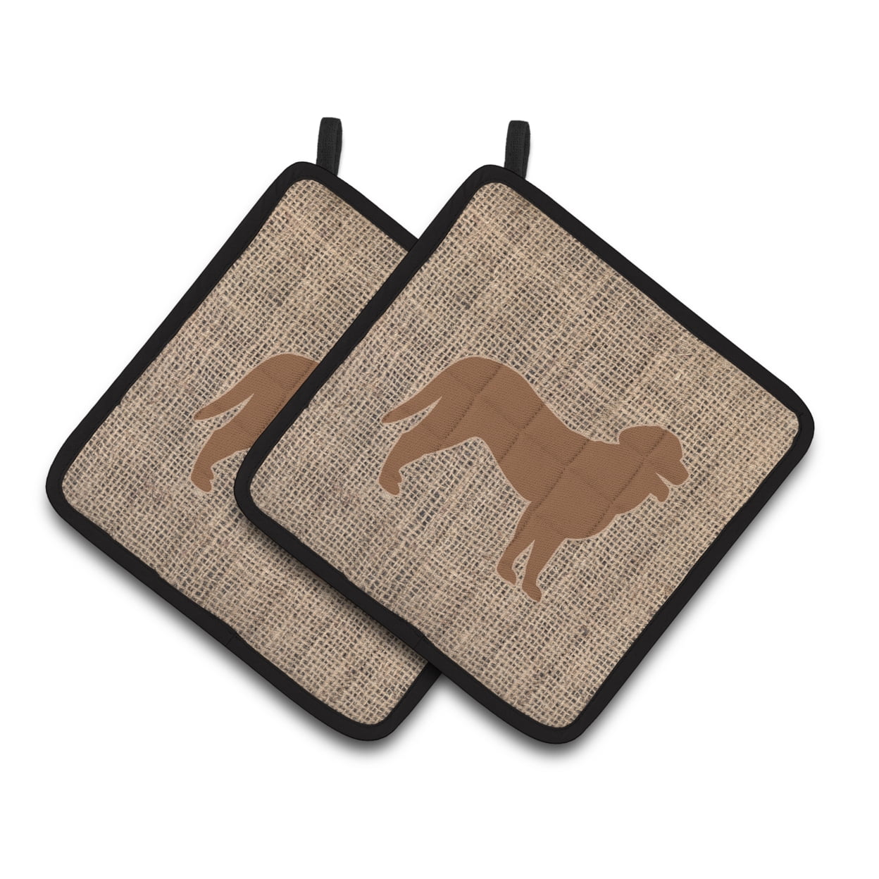 Curly Coated Retriever Faux Burlap and Brown Pair of Pot Holders
