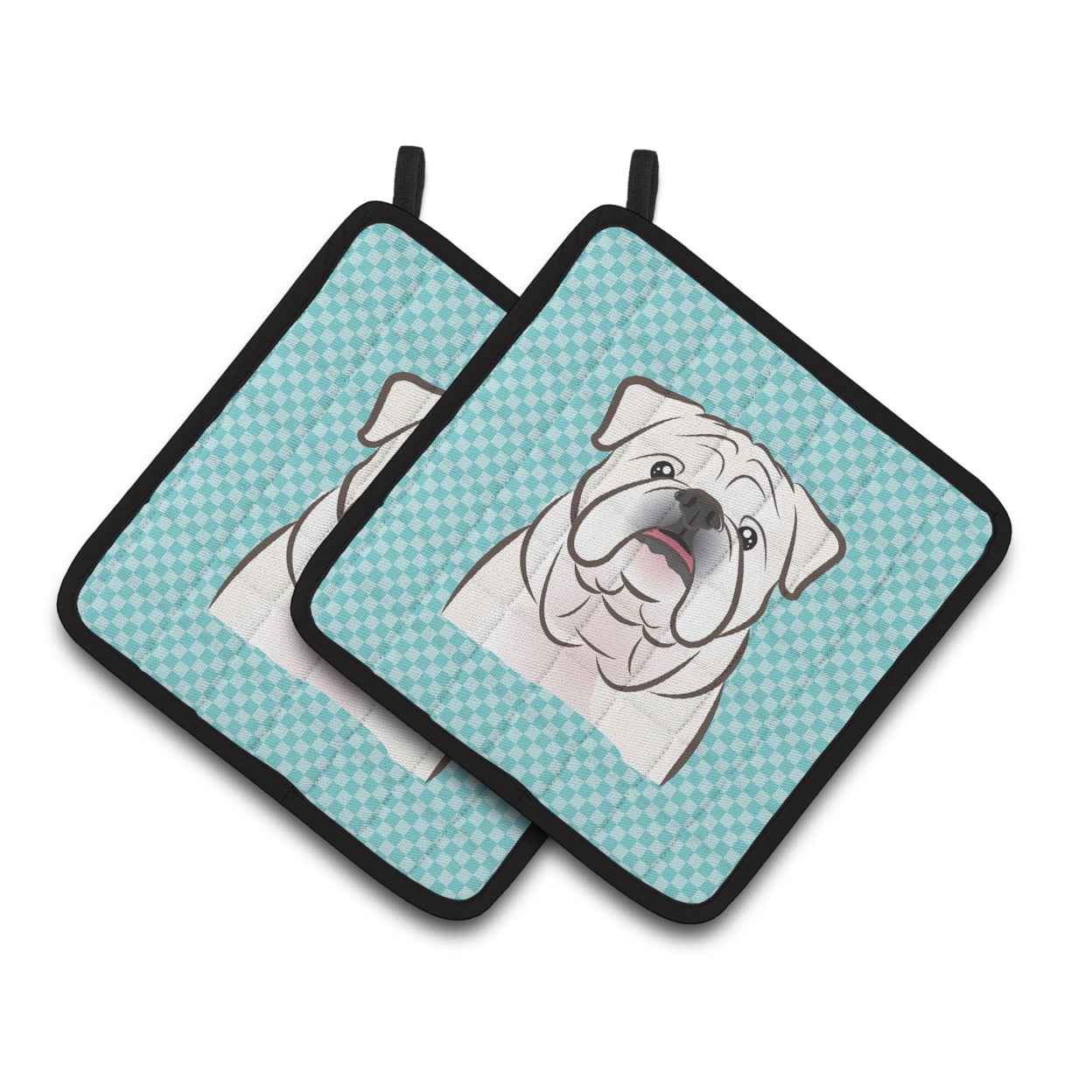 Carolines Treasures BB1158PTHD Checkerboard Blue White English Bulldog Pair of Pot Holders , 7.5HX7.5W, multicolor