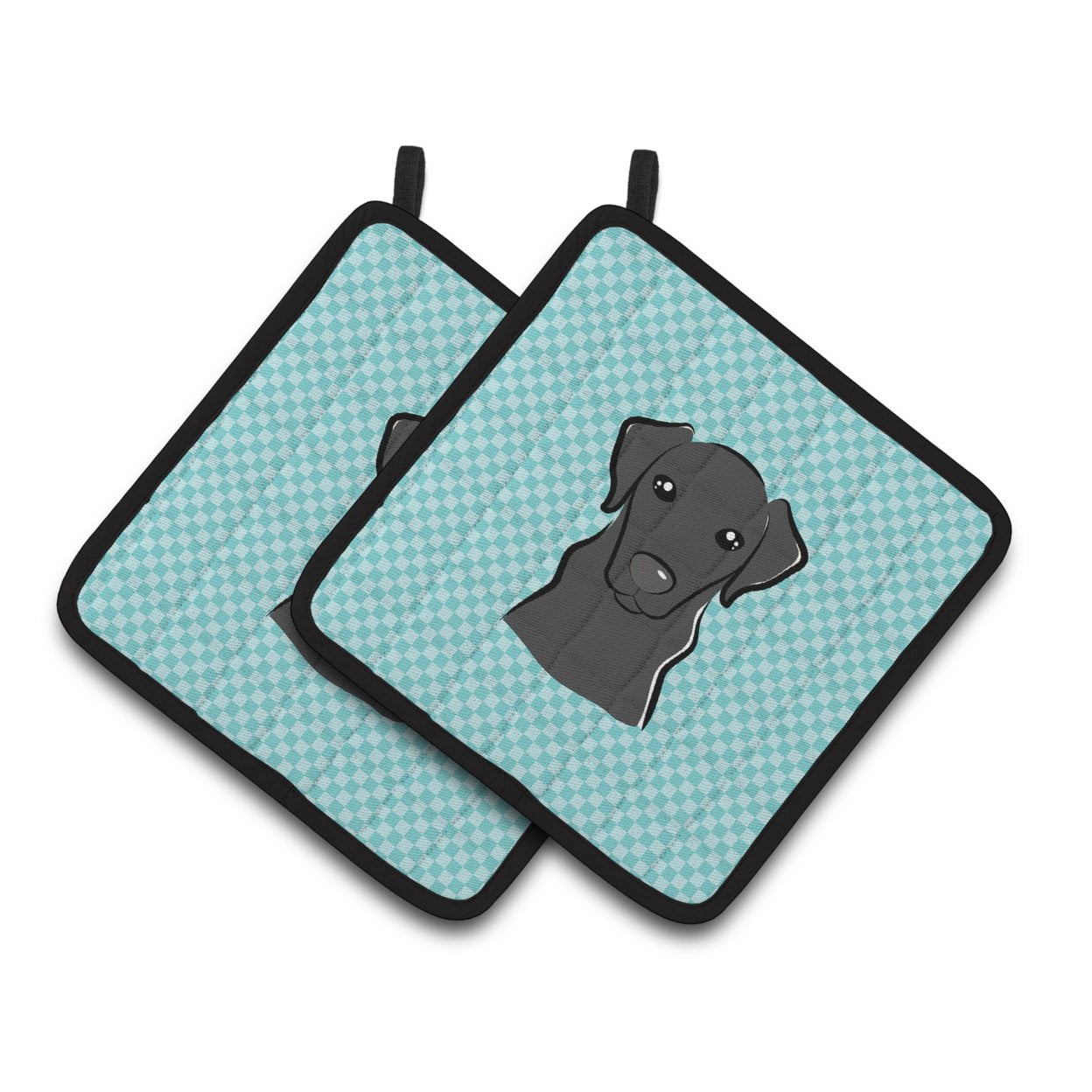Checkerboard Blue Black Labrador Pair of Pot Holders