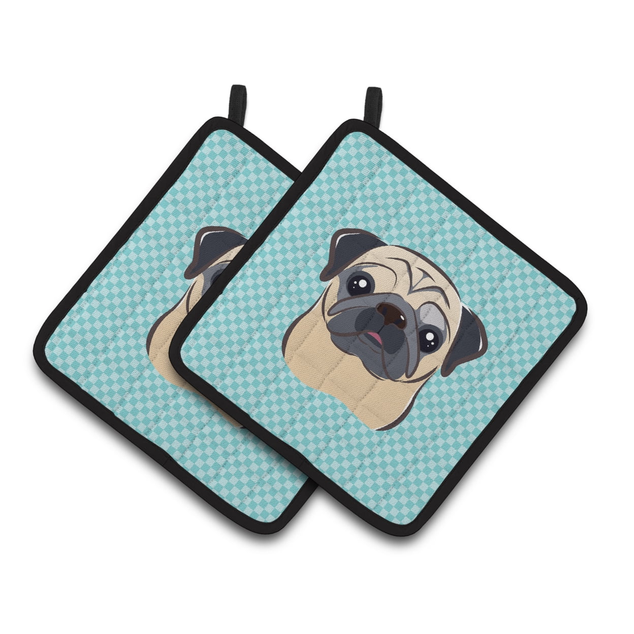 Carolines Treasures BB1200PTHD Checkerboard Blue Fawn Pug Pair of Pot Holders 7.5HX7.5W multicolor
