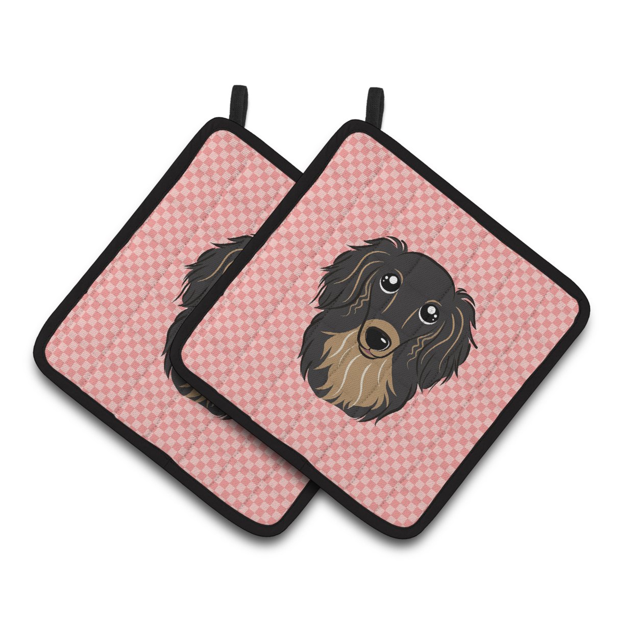 Carolines Treasures BB1213PTHD Checkerboard Pink Longhair Black and Tan Dachshund Pair of Pot Holders 7.5HX7.5W
