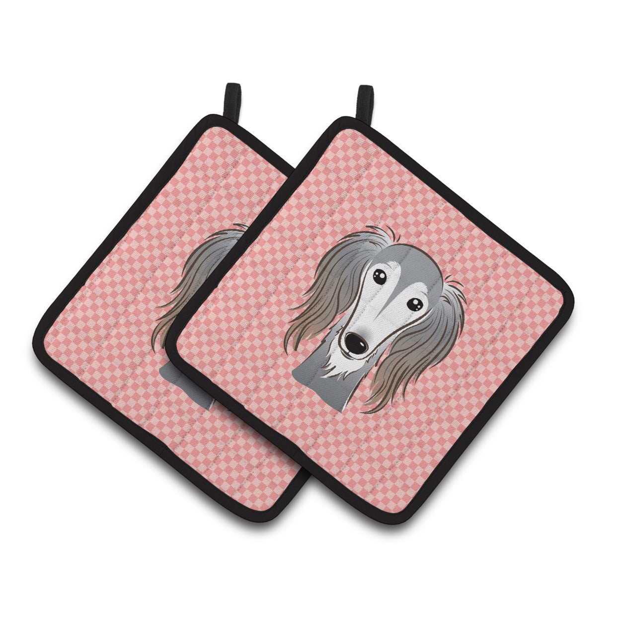 Carolines Treasures BB1229PTHD Checkerboard Pink Saluki Pair of Pot Holders , 7.5HX7.5W, multicolor