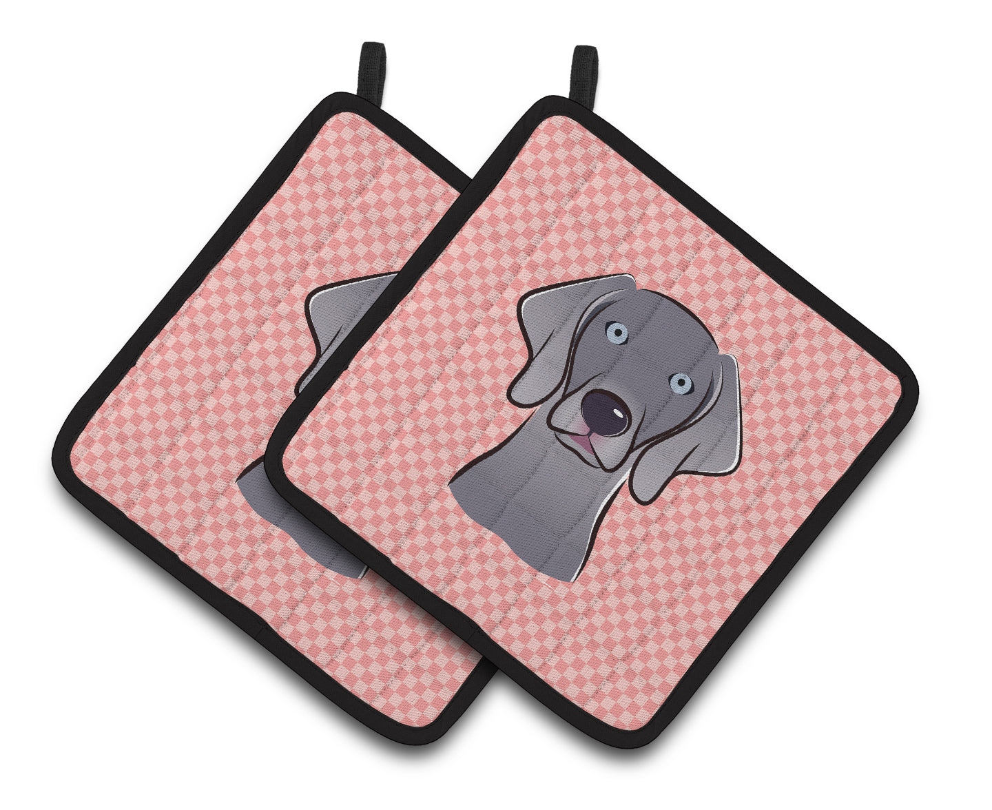 Checkerboard Pink Weimaraner Pair of Pot Holders