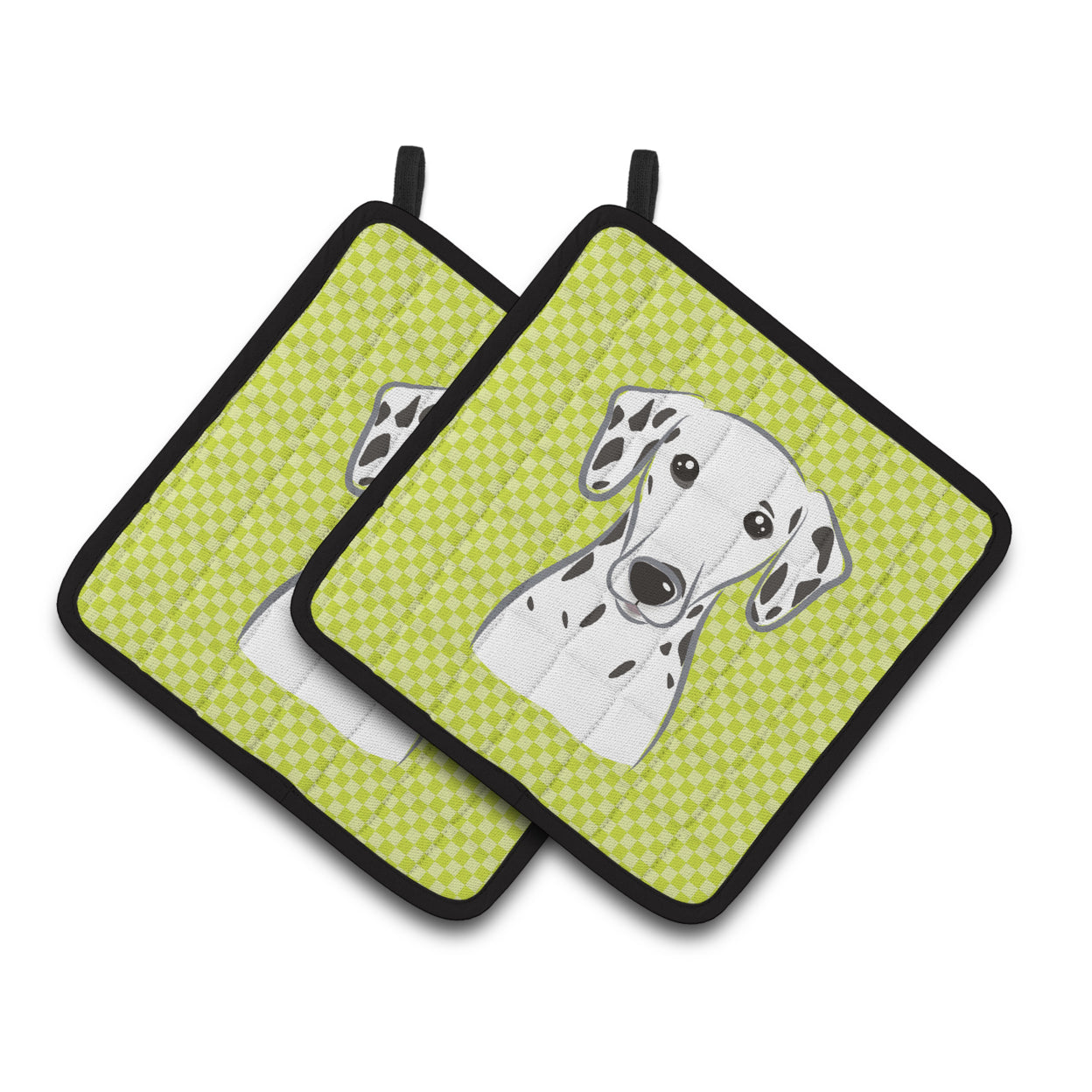 Carolines Treasures BB1272PTHD Checkerboard Lime Green Dalmatian Pair of Pot Holders , 7.5HX7.5W, multicolor