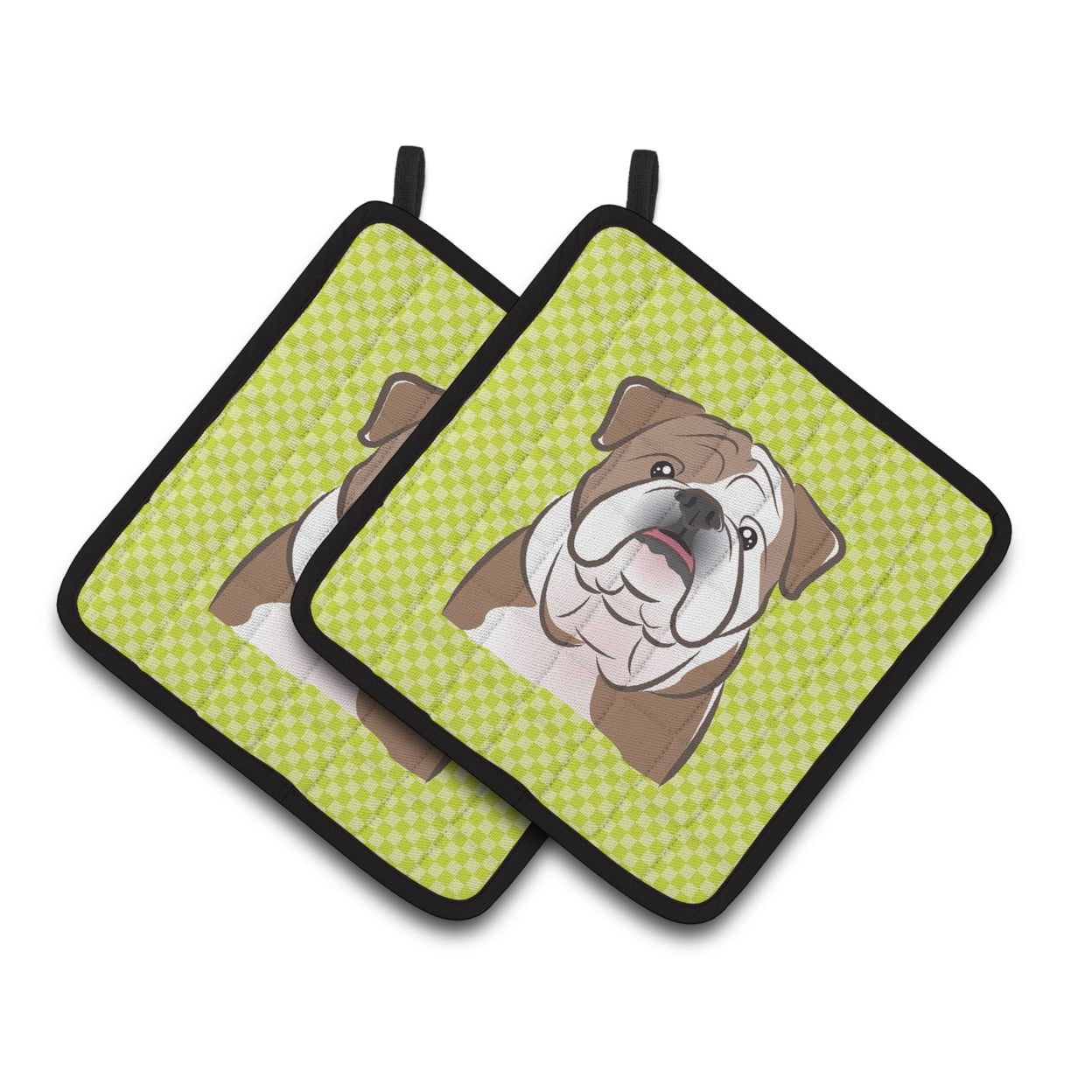 Carolines Treasures BB1281PTHD Checkerboard Lime Green English Bulldog Pair of Pot Holders , 7.5HX7.5W, multicolor