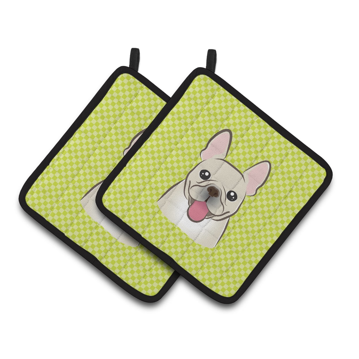 Carolines Treasures BB1300PTHD Checkerboard Lime Green French Bulldog Pair of Pot Holders , 7.5HX7.5W, multicolor