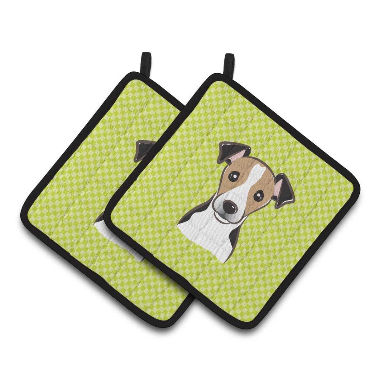 Carolines Treasures BB1323PTHD Checkerboard Lime Green Jack Russell Terrier Pair of Pot Holders 7.5HX7.5W multicolor