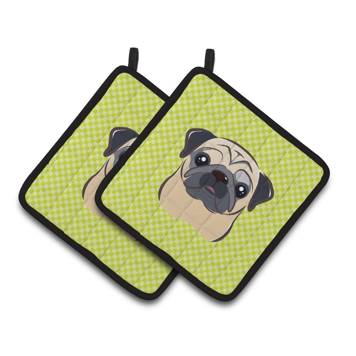 Carolines Treasures BB1324PTHD Checkerboard Lime Green Fawn Pug Pair of Pot Holders , 7.5HX7.5W, multicolor