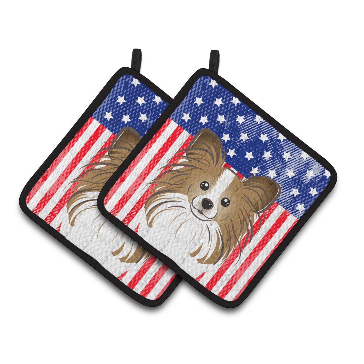 American Flag and Papillon Pair of Pot Holders