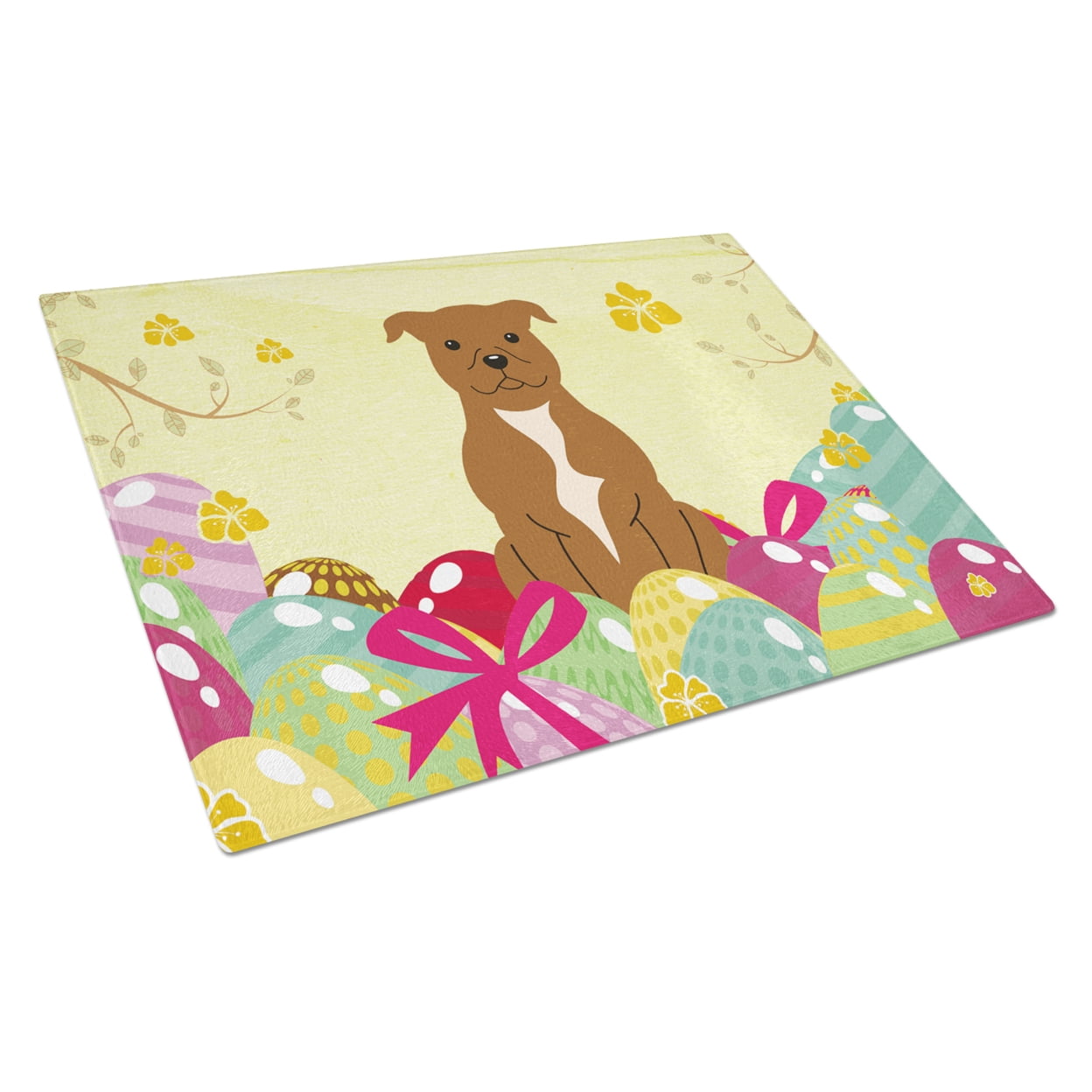 Carolines Treasures BB6047LCB Easter Eggs Staffordshire Bull Terrier Brown Glass Cutting Board Large, 12H x 16W,