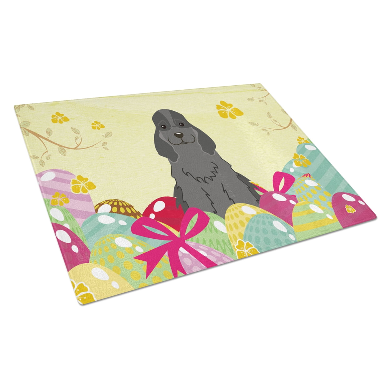 Carolines Treasures BB6092LCB Easter Eggs Cocker Spaniel Black Glass Cutting Board Large, 12H x 16W, multicolor
