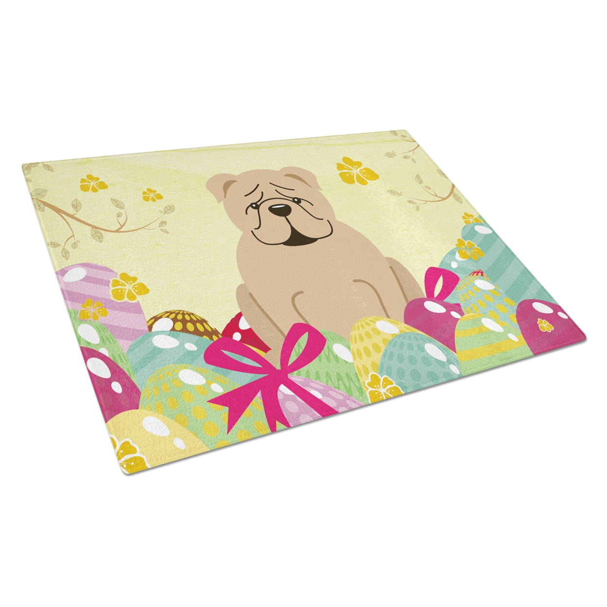 Carolines Treasures BB6124LCB Easter Eggs English Bulldog Fawn Glass Cutting Board Large, 12H x 16W, multicolor