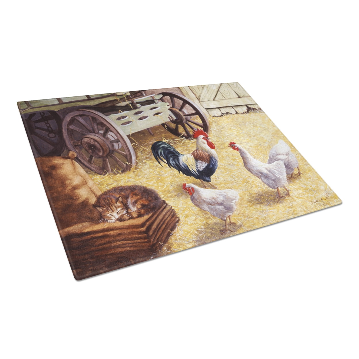 Rooster and Hens Chickens in the Barn Glass Cutting Board Large