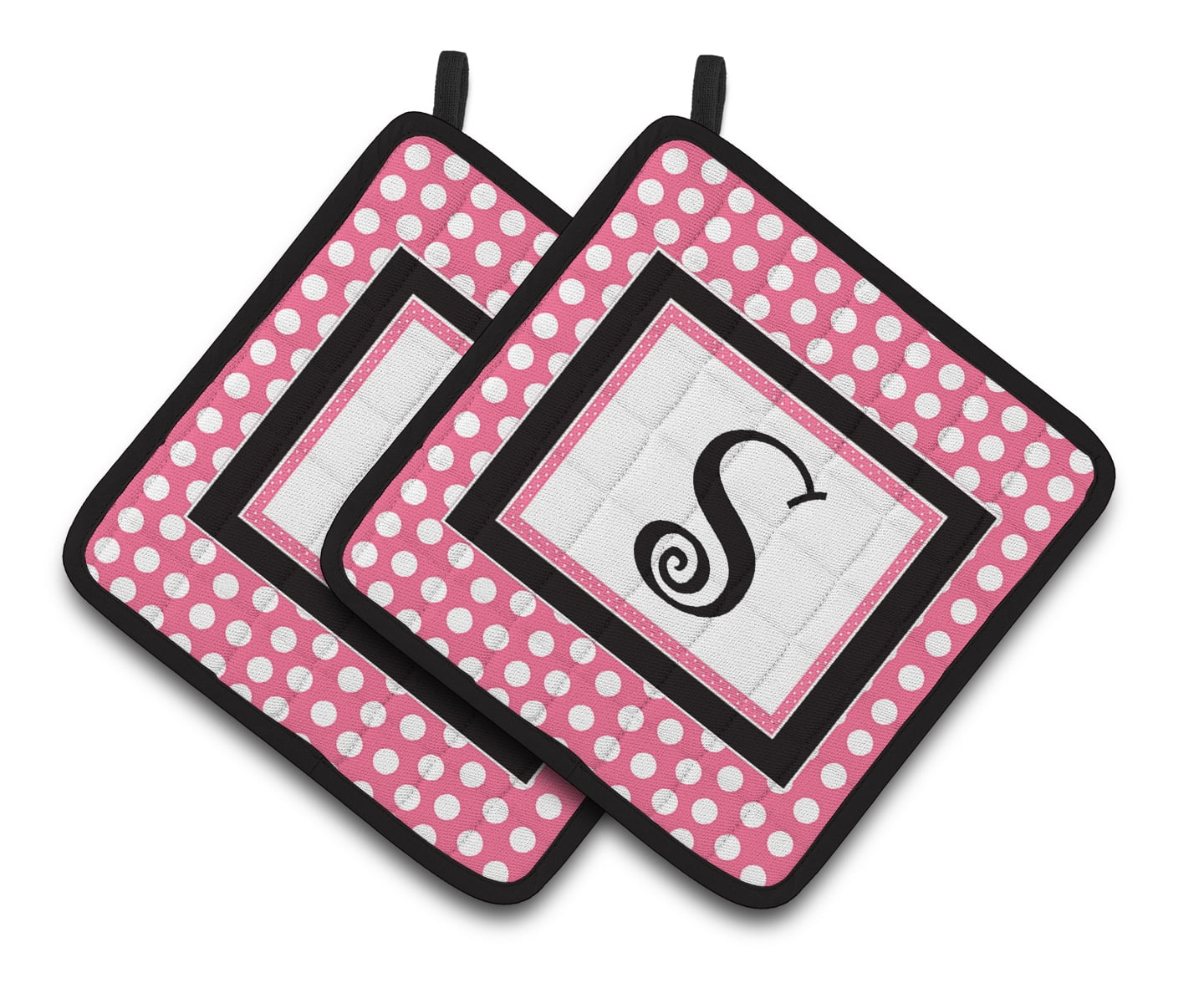 Letter S Monogram - Pink Black Polka Dots Pair of Pot Holders