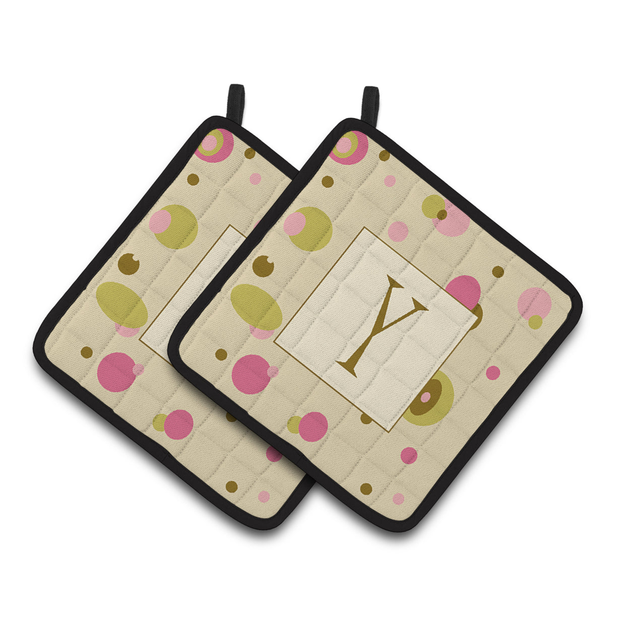 Letter Y Initial Monogram - Tan Dots Pair of Pot Holders
