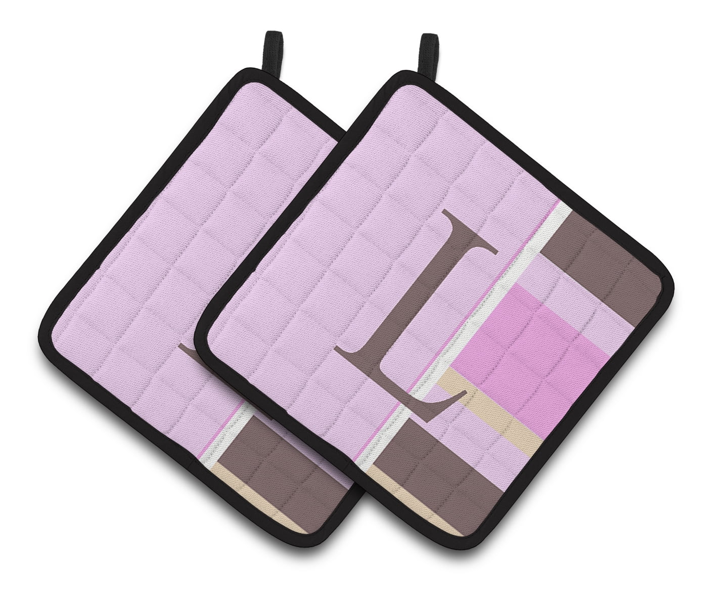 Letter L Initial Monogram - Pink Stripes Pair of Pot Holders