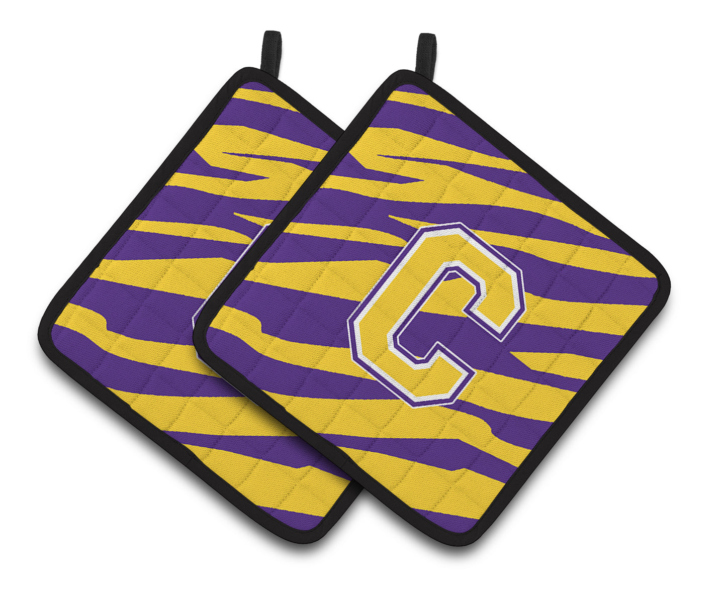 Letter C Monogram - Tiger Stripe - Purple Gold Pair of Pot Holders