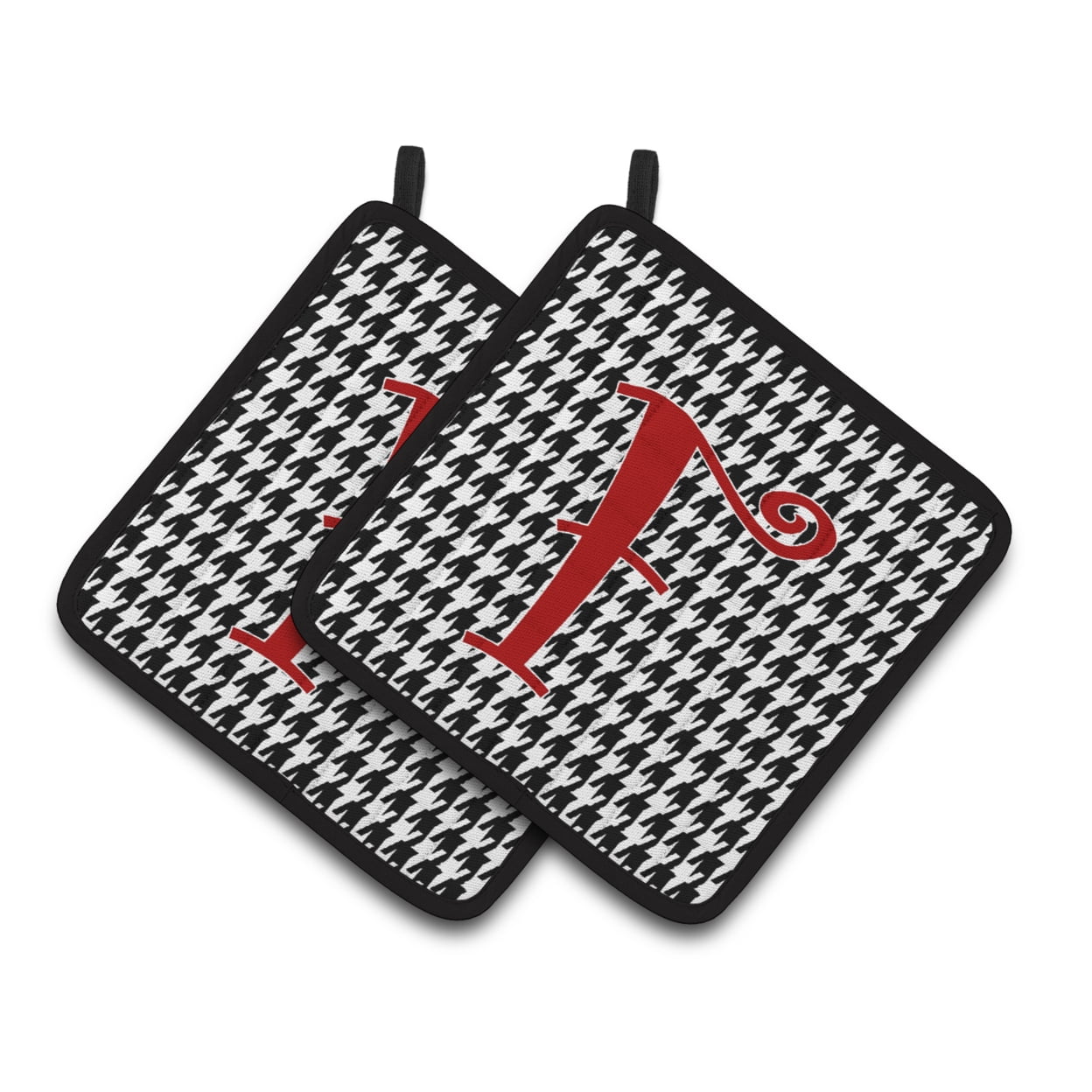 Monogram Initial F Houndstooth Black Pair of Pot Holders