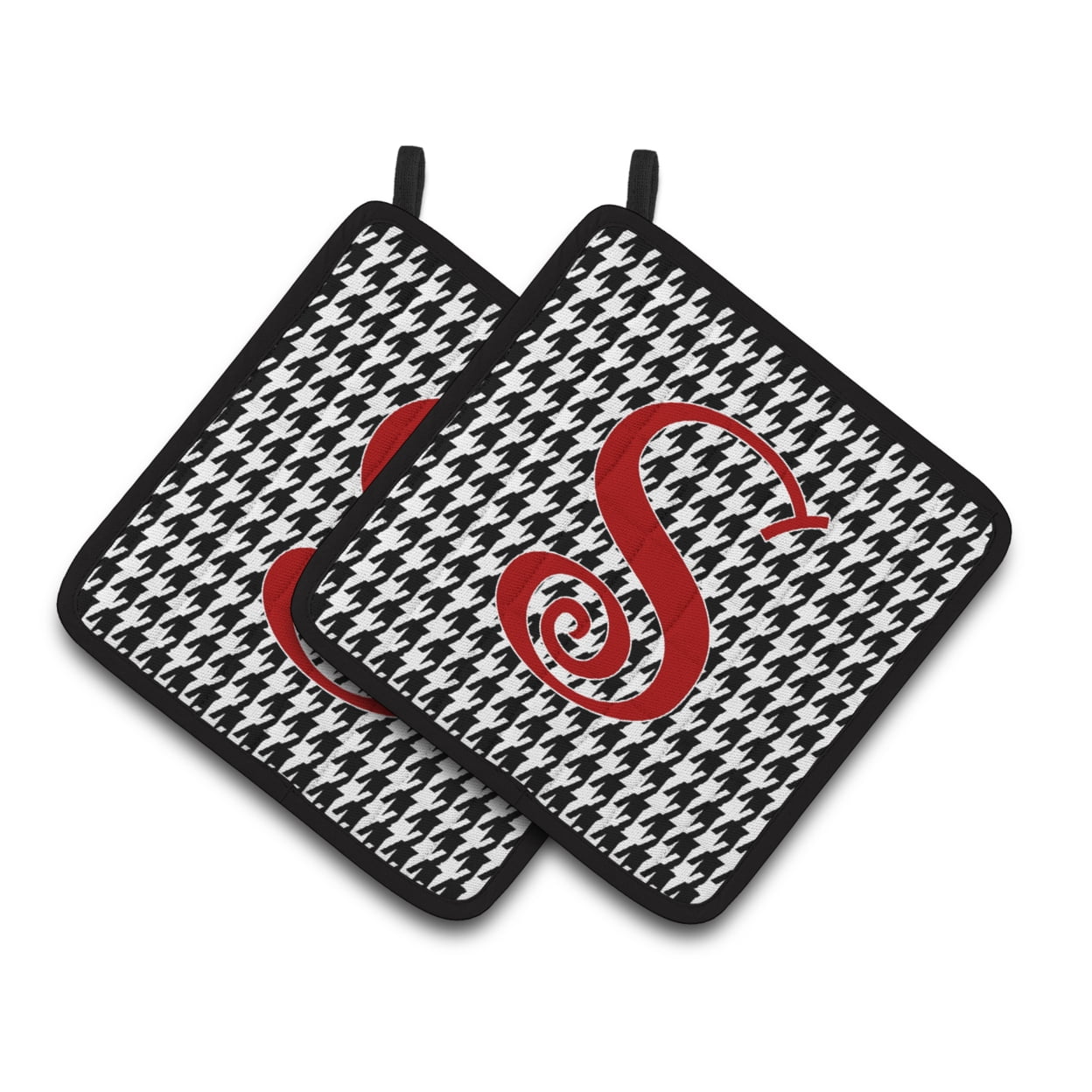 Monogram Initial S Houndstooth Black Pair of Pot Holders