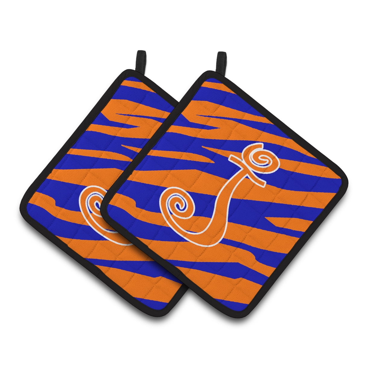 Carolines Treasures CJ1036-JPTHD Letter J Initial Tiger Stripe Blue and Orange Pair of Pot Holders, 7.5HX7.5W,