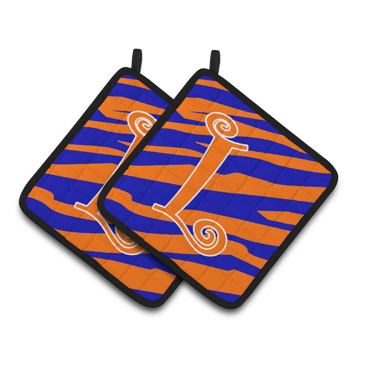 Carolines Treasures CJ1036-LPTHD Letter L Initial Tiger Stripe Blue and Orange Pair of Pot Holders, 7.5HX7.5W,