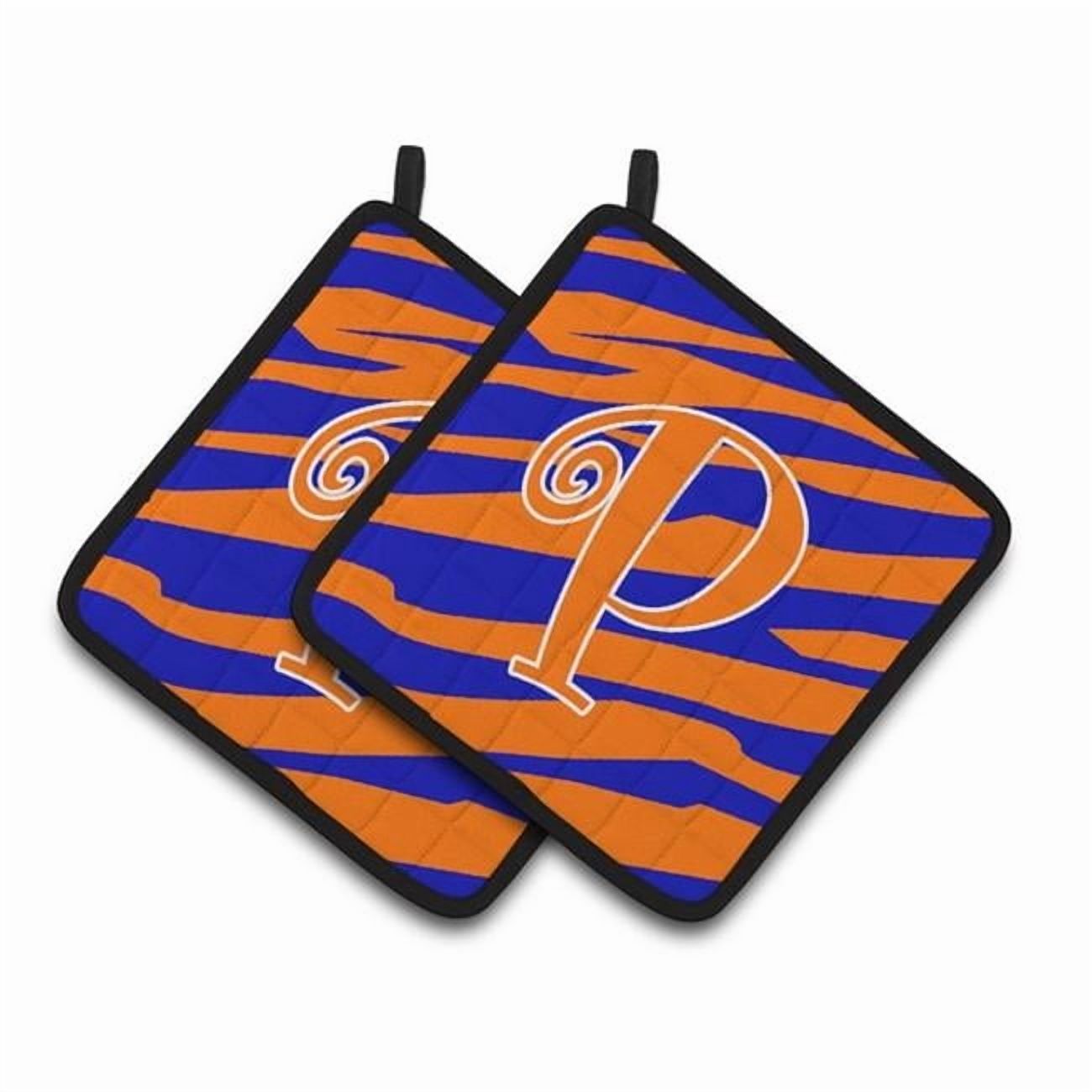 Carolines Treasures CJ1036-PPTHD Letter P Initial Tiger Stripe Blue and Orange Pair of Pot Holders, 7.5HX7.5W,