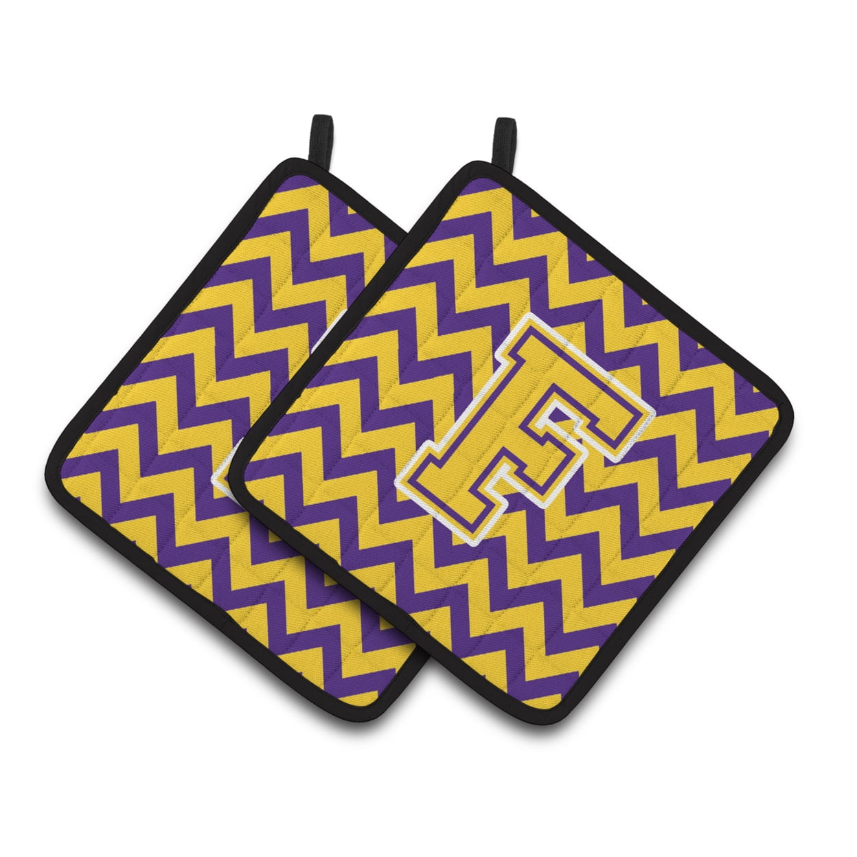 Letter F Chevron Purple and Gold Pair of Pot Holders