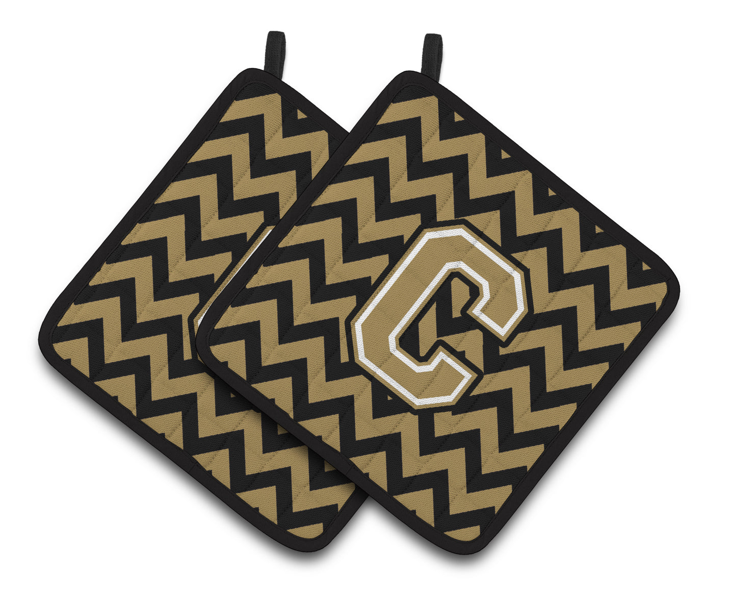 Letter C Chevron Black and Gold Pair of Pot Holders