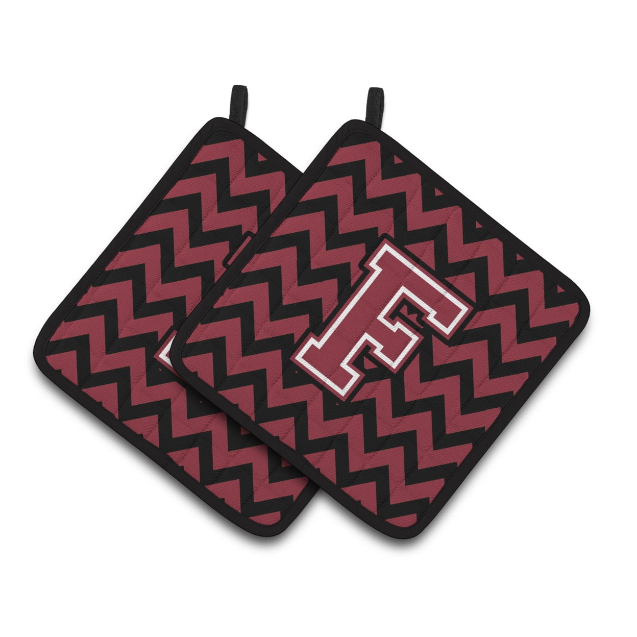 Carolines Treasures CJ1052-FPTHD Letter F Chevron Garnet and Black Pair of Pot Holders, 7.5HX7.5W, multicolor