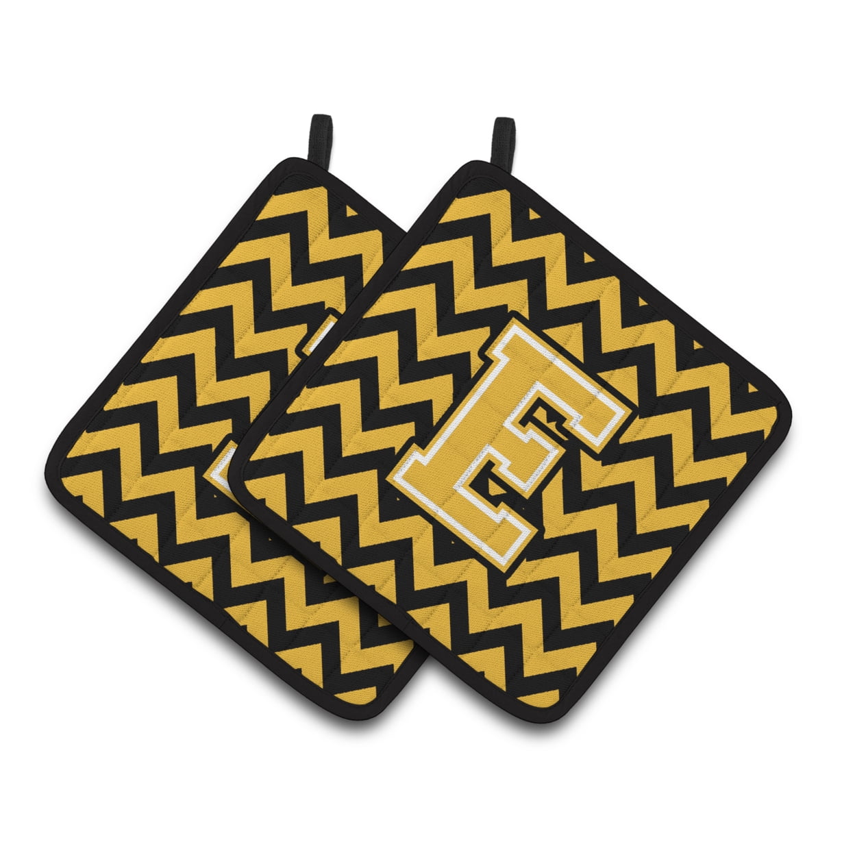 Carolines Treasures CJ1053-EPTHD Letter E Chevron Black and Gold Pair of Pot Holders, 7.5HX7.5W, multicolor