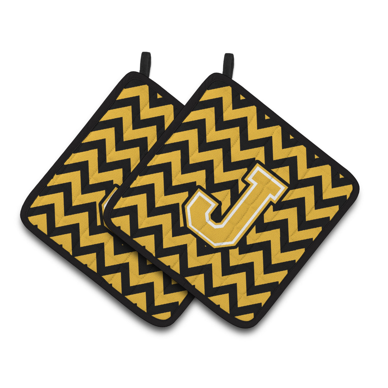 Carolines Treasures CJ1053-JPTHD Letter J Chevron Black and Gold Pair of Pot Holders, 7.5HX7.5W, multicolor