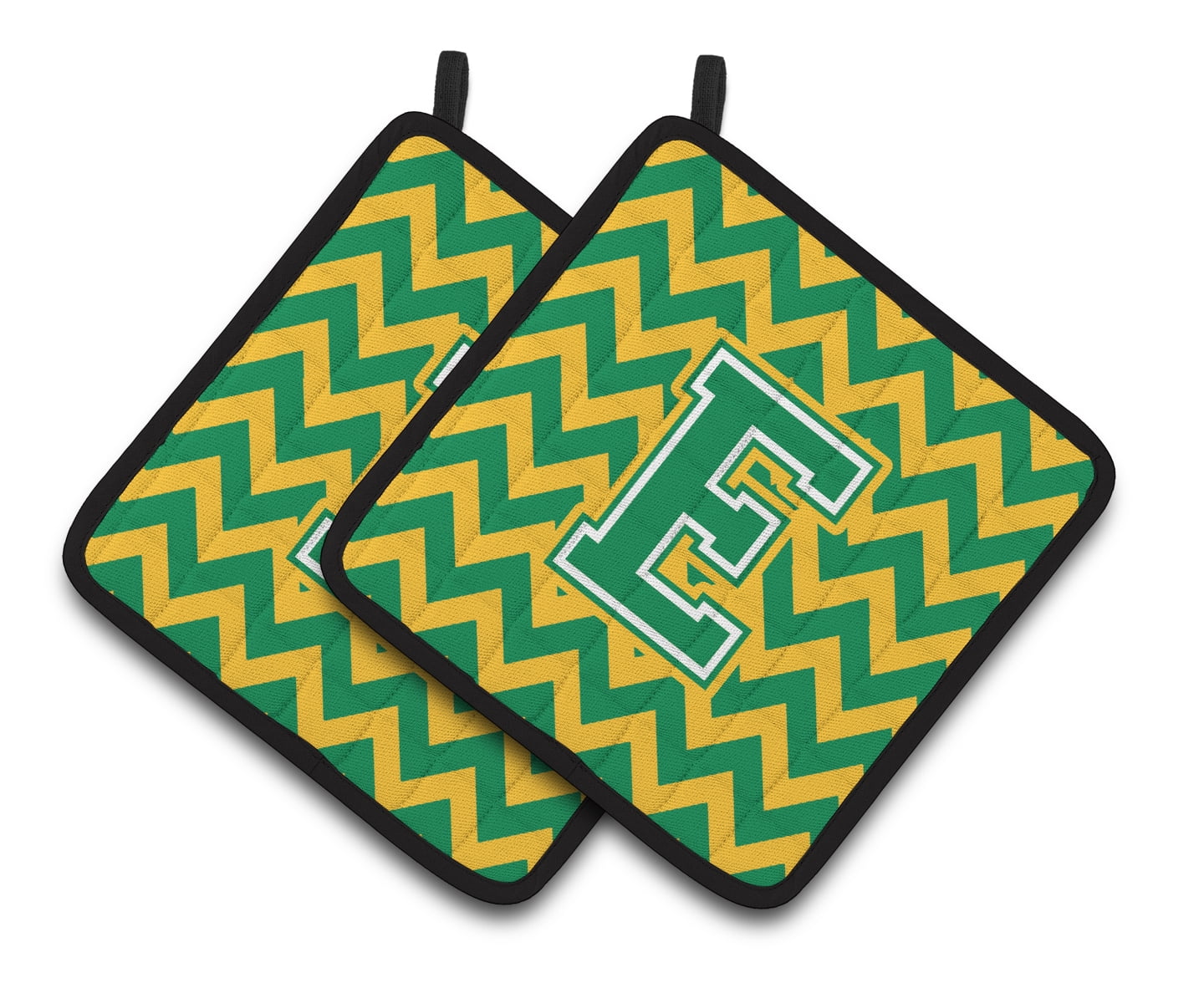 Carolines Treasures CJ1059-EPTHD Letter E Chevron Green and Gold Pair of Pot Holders, 7.5HX7.5W, multicolor