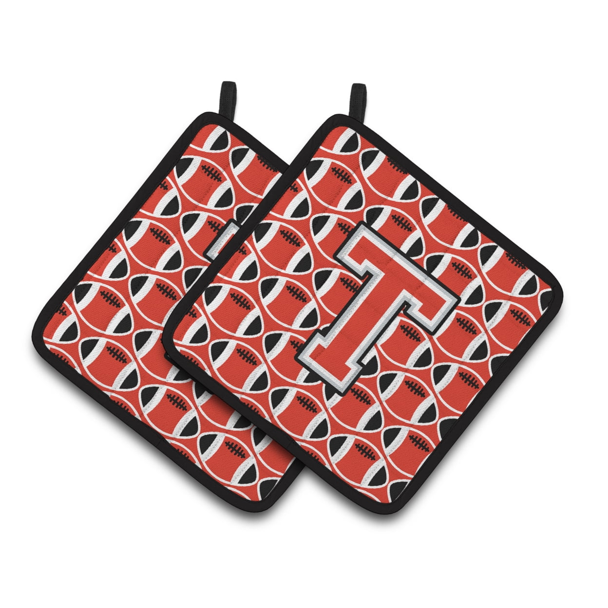 Carolines Treasures CJ1067-TPTHD Letter T Football Scarlet and Grey Pair of Pot Holders, 7.5HX7.5W, multicolor