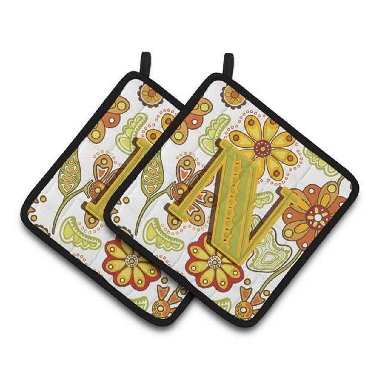 Carolines Treasures CJ2003-NPTHD Letter N Floral Mustard & Green Pair of Pot Holders, 7.5 x 3 x 7.5 in.